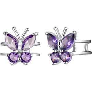 SILVERCUTE 925 Sterling Silver Butterfly Earrings for Women,Butterfly Birthstone Stud Earring/Ear Cuffs,Hypoallergenic Birthday Earrings for Women(02.February(Amethyst)-Ear Cuff)