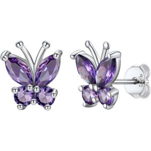 SILVERCUTE 925 Sterling Silver Butterfly Earrings for Women,Butterfly Birthstone Stud Earring/Ear Cuffs,Hypoallergenic Birthday Earrings for Women(02.February(Amethyst)-Stud)