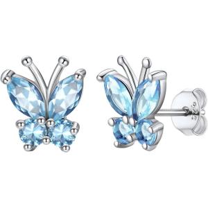 SILVERCUTE 925 Sterling Silver Butterfly Earrings for Women,Butterfly Birthstone Stud Earring/Ear Cuffs,Hypoallergenic Birthday Earrings for Women(03.March(Aquamarine)-Stud)