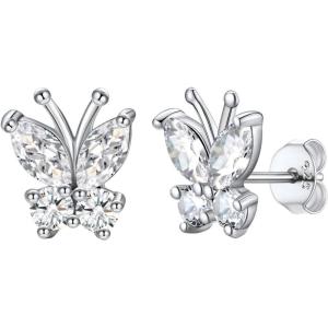 SILVERCUTE 925 Sterling Silver Butterfly Earrings for Women,Butterfly Birthstone Stud Earring/Ear Cuffs,Hypoallergenic Birthday Earrings for Women(04.April(Diamond)-Stud)