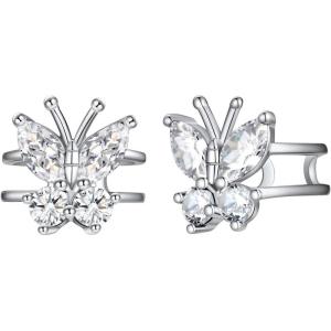 SILVERCUTE 925 Sterling Silver Butterfly Earrings for Women,Butterfly Birthstone Stud Earring/Ear Cuffs,Hypoallergenic Birthday Earrings for Women(04.April(Diamond)-Ear Cuff)