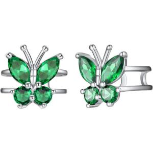 SILVERCUTE 925 Sterling Silver Butterfly Earrings for Women,Butterfly Birthstone Stud Earring/Ear Cuffs,Hypoallergenic Birthday Earrings for Women(05.May(Emerald)-Ear Cuff)