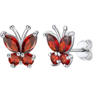 SILVERCUTE 925 Sterling Silver Butterfly Earrings for Women,Butterfly Birthstone Stud Earring/Ear Cuffs,Hypoallergenic Birthday Earrings for Women(07.July(Ruby)-Stud)