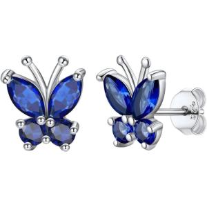 SILVERCUTE 925 Sterling Silver Butterfly Earrings for Women,Butterfly Birthstone Stud Earring/Ear Cuffs,Hypoallergenic Birthday Earrings for Women(09.September(Sapphire)-Stud)