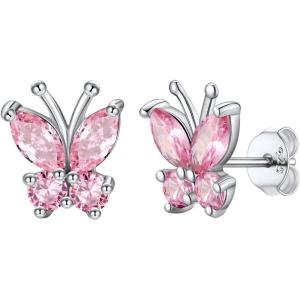 SILVERCUTE 925 Sterling Silver Butterfly Earrings for Women,Butterfly Birthstone Stud Earring/Ear Cuffs,Hypoallergenic Birthday Earrings for Women(10.October(Pink Tourmaline)-Stud)
