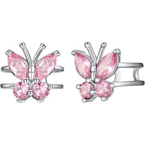SILVERCUTE 925 Sterling Silver Butterfly Earrings for Women,Butterfly Birthstone Stud Earring/Ear Cuffs,Hypoallergenic Birthday Earrings for Women(10.October(Pink Tourmaline)-Ear Cuff)