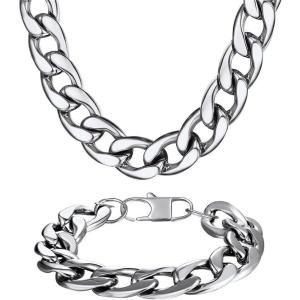 U7 Men Stainless Steel Big Chain Set 15mm Wide Cuban Link Chain Necklace Bracelet Rapper Costume Jewelry for Party