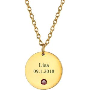 U7 Personalized Mothers Necklace with 1-8 Children Name Simulated Birthstones, Stainless Steel 18K Gold Plated Tree of Life Pendant/Disc Bar/Feet Necklaces for Grandma(Disc Coin/Gold)