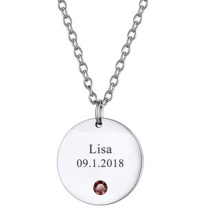 U7 Personalized Mothers Necklace with 1-8 Children Name Simulated Birthstones, Stainless Steel 18K Gold Plated Tree of Life Pendant/Disc Bar/Feet Necklaces for Grandma(Disc Coin/Stainless)