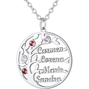 U7 Personalized Mothers Necklace with 1-8 Children Name Simulated Birthstones, Stainless Steel 18K Gold Plated Tree of Life Pendant/Disc Bar/Feet Necklaces for Grandma(Round Tree of Life&Birthstone/Silver)