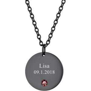 U7 Personalized Mothers Necklace with 1-8 Children Name Simulated Birthstones, Stainless Steel 18K Gold Plated Tree of Life Pendant/Disc Bar/Feet Necklaces for Grandma(Disc Coin/Black)
