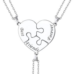 U7 Sterling Silver Best Friend Necklaces Custom Friendship/Couple/Family Jewelry Split Heart Puzzle Pendant for 2/3/4 BFF Gift