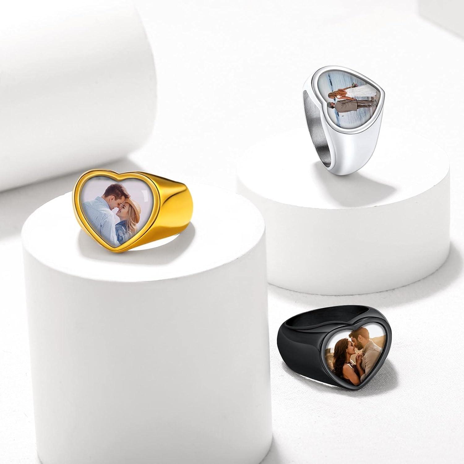 imageU7 Custom Picture amp Text Engraved Ring Stainless Steel 18K Gold Plated Wedding Engagement HeartRoundShieldSquare Signet Rings Personalized Memory Photo Inside Gift for Men WomenCHeartStainless Steel