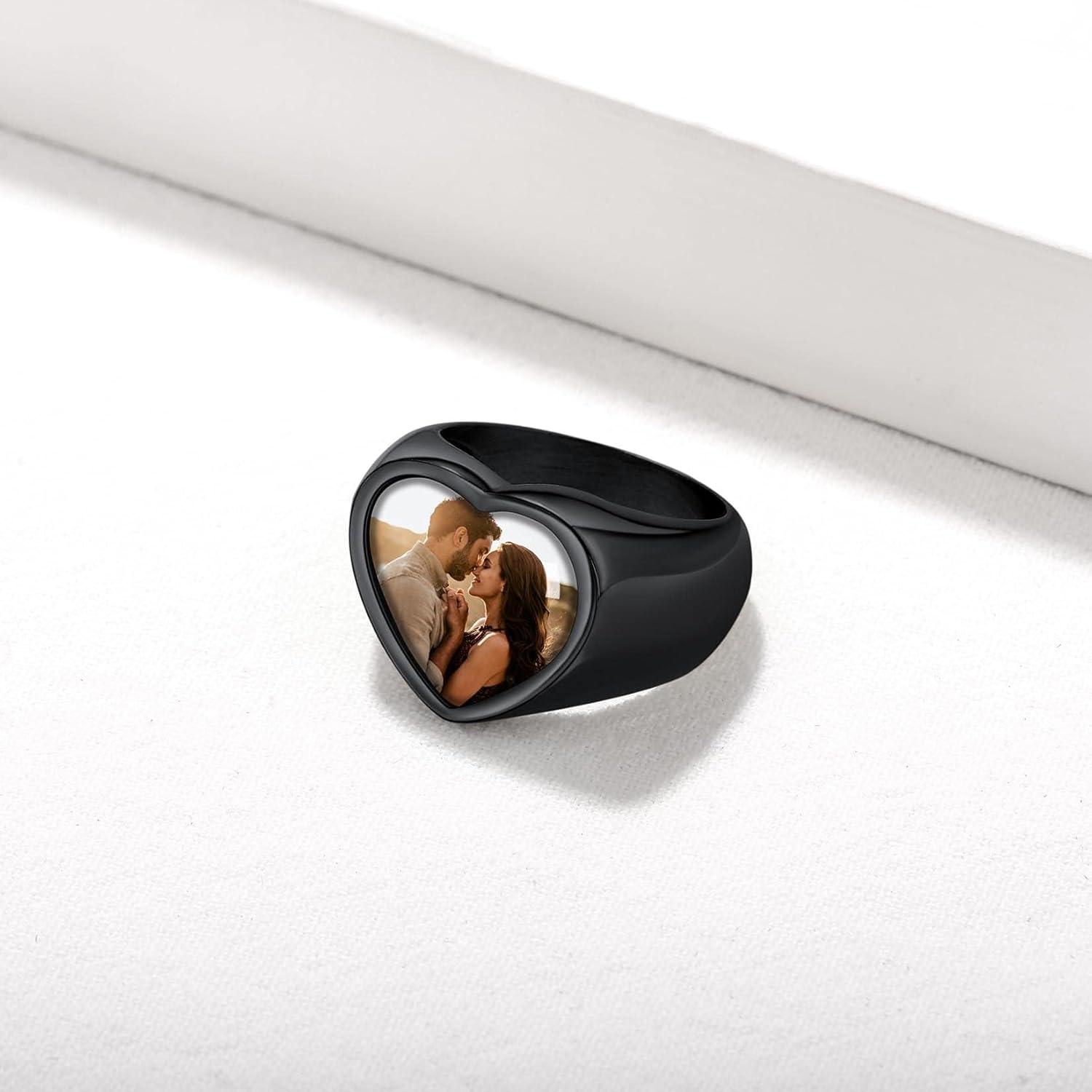 imageU7 Custom Picture amp Text Engraved Ring Stainless Steel 18K Gold Plated Wedding Engagement HeartRoundShieldSquare Signet Rings Personalized Memory Photo Inside Gift for Men WomenCHeartBlack