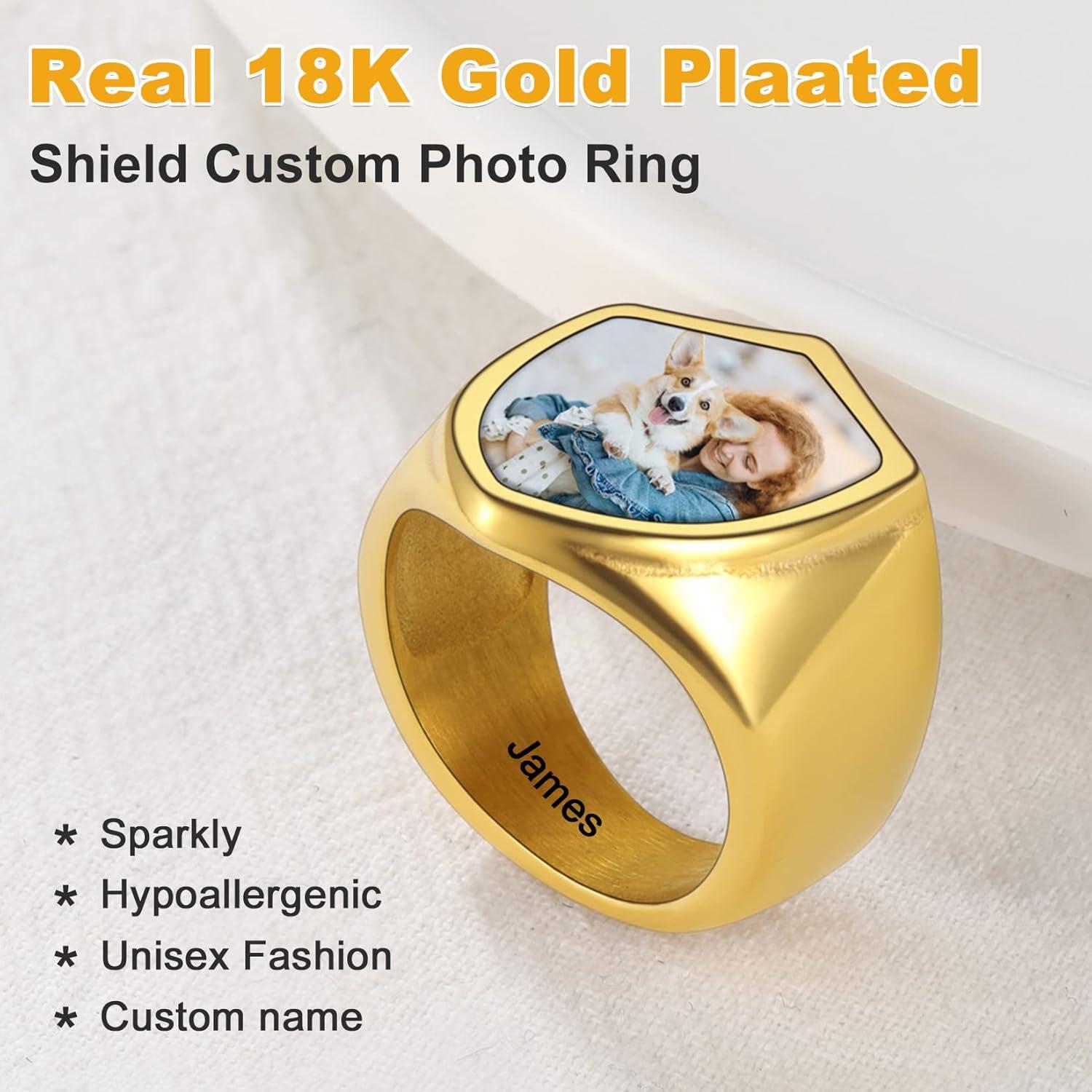 imageU7 Custom Picture amp Text Engraved Ring Stainless Steel 18K Gold Plated Wedding Engagement HeartRoundShieldSquare Signet Rings Personalized Memory Photo Inside Gift for Men WomenDShieldGold