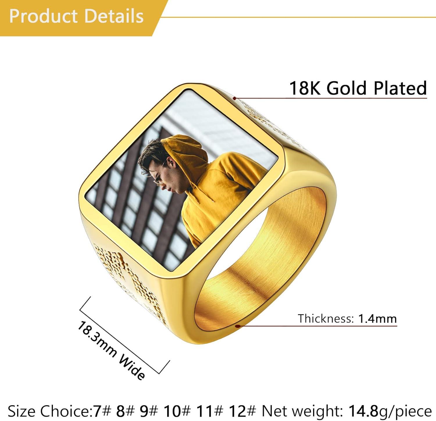 imageU7 Custom Picture amp Text Engraved Ring Stainless Steel 18K Gold Plated Wedding Engagement HeartRoundShieldSquare Signet Rings Personalized Memory Photo Inside Gift for Men WomenA3Square Cross ShieldGold