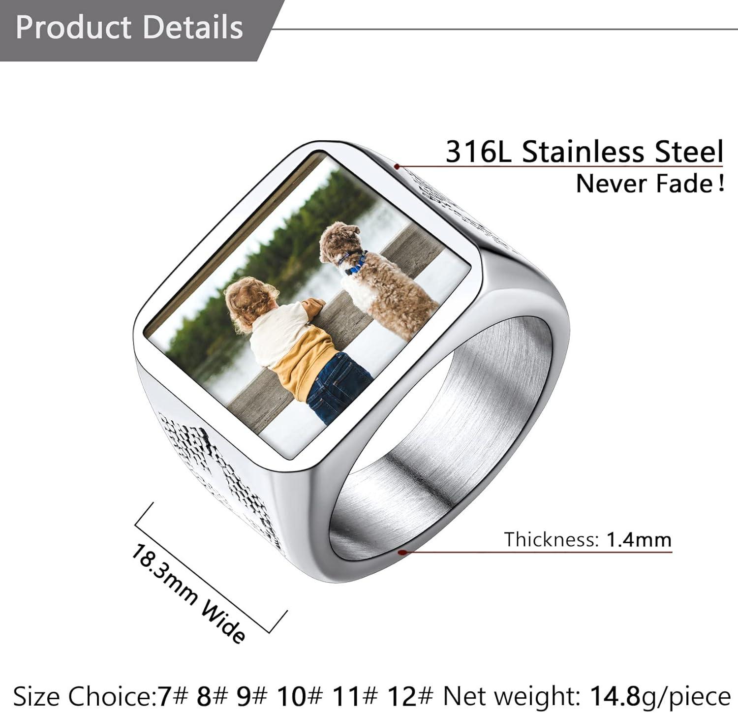 imageU7 Custom Picture amp Text Engraved Ring Stainless Steel 18K Gold Plated Wedding Engagement HeartRoundShieldSquare Signet Rings Personalized Memory Photo Inside Gift for Men WomenA3Square Cross ShieldStainless Steel
