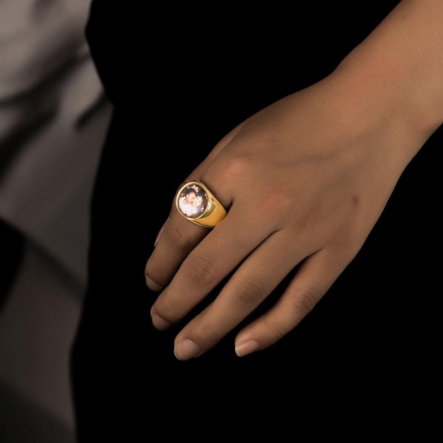 imageU7 Custom Picture amp Text Engraved Ring Stainless Steel 18K Gold Plated Wedding Engagement HeartRoundShieldSquare Signet Rings Personalized Memory Photo Inside Gift for Men WomenB1RoundGold