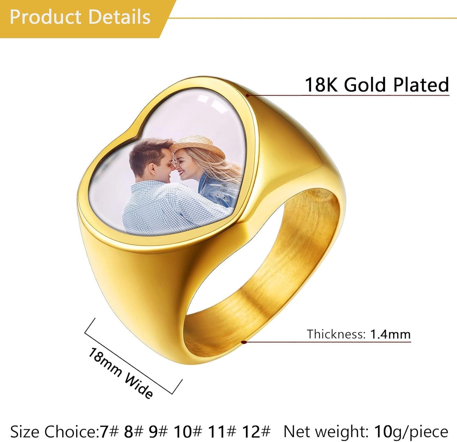 imageU7 Custom Picture amp Text Engraved Ring Stainless Steel 18K Gold Plated Wedding Engagement HeartRoundShieldSquare Signet Rings Personalized Memory Photo Inside Gift for Men WomenCHeartGold