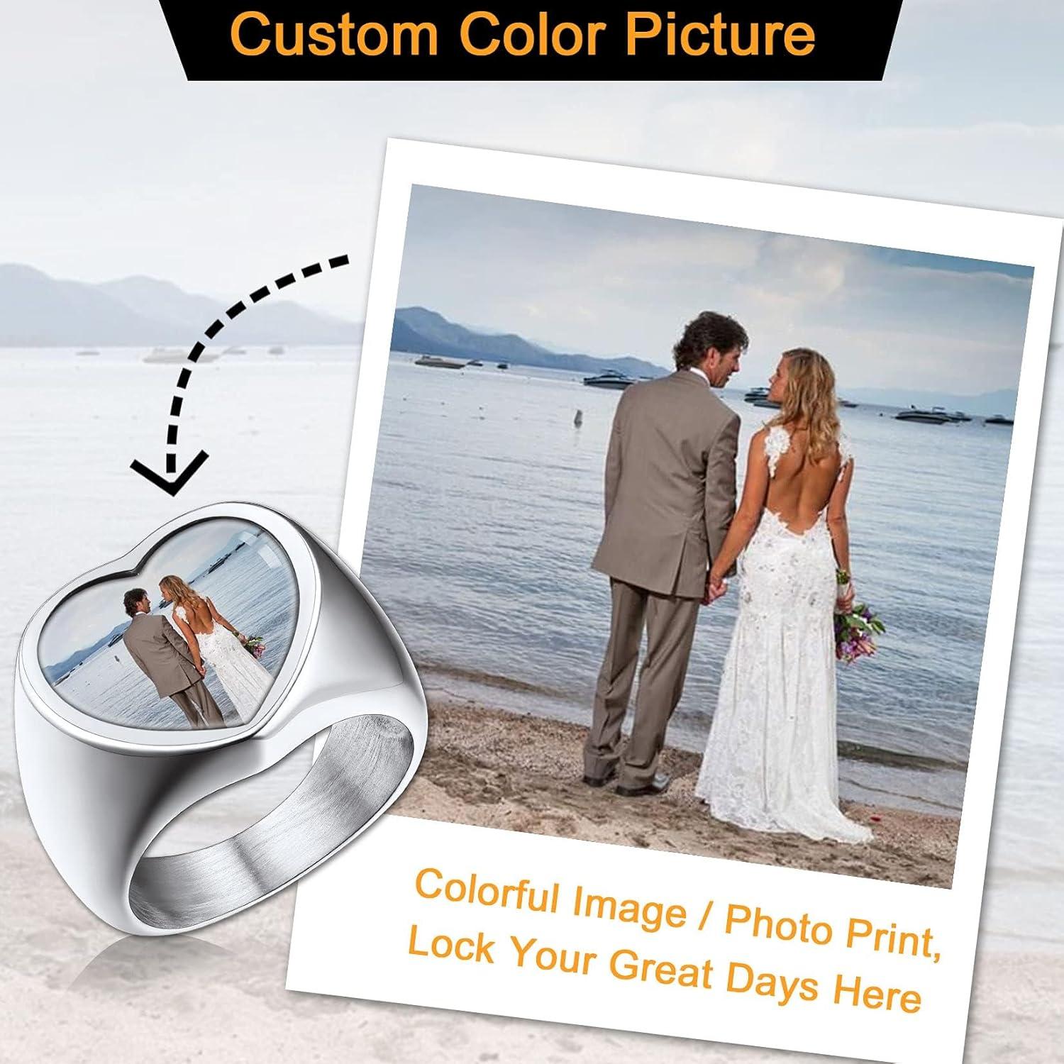 imageU7 Custom Picture amp Text Engraved Ring Stainless Steel 18K Gold Plated Wedding Engagement HeartRoundShieldSquare Signet Rings Personalized Memory Photo Inside Gift for Men WomenCHeartStainless Steel