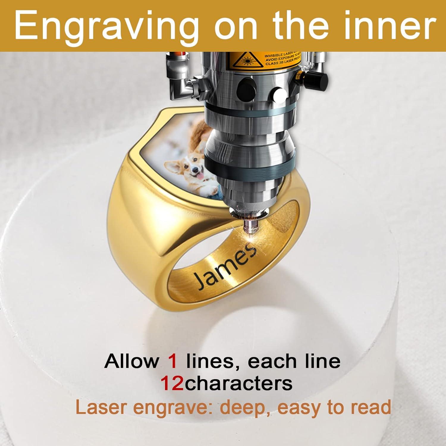 imageU7 Custom Picture amp Text Engraved Ring Stainless Steel 18K Gold Plated Wedding Engagement HeartRoundShieldSquare Signet Rings Personalized Memory Photo Inside Gift for Men WomenDShieldGold