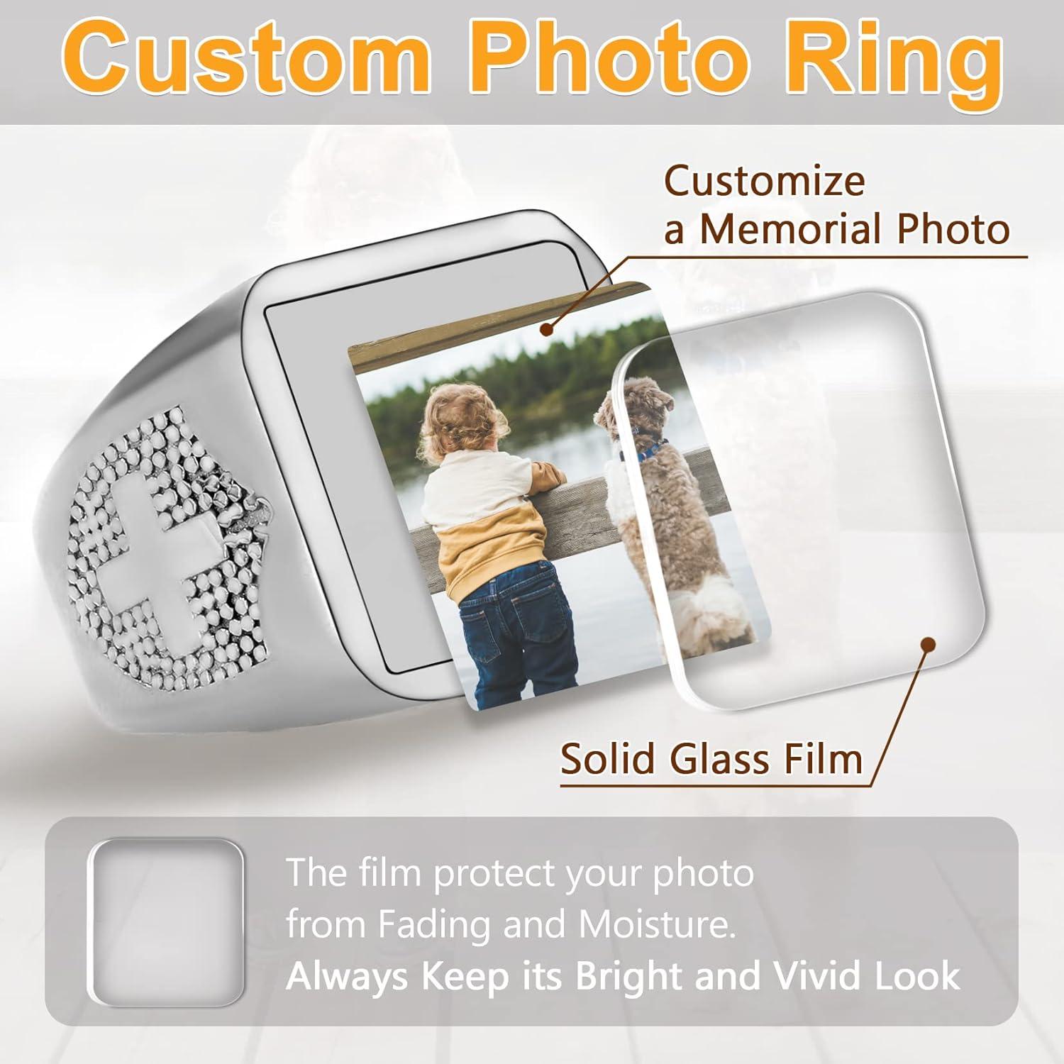 imageU7 Custom Picture amp Text Engraved Ring Stainless Steel 18K Gold Plated Wedding Engagement HeartRoundShieldSquare Signet Rings Personalized Memory Photo Inside Gift for Men WomenA3Square Cross ShieldStainless Steel