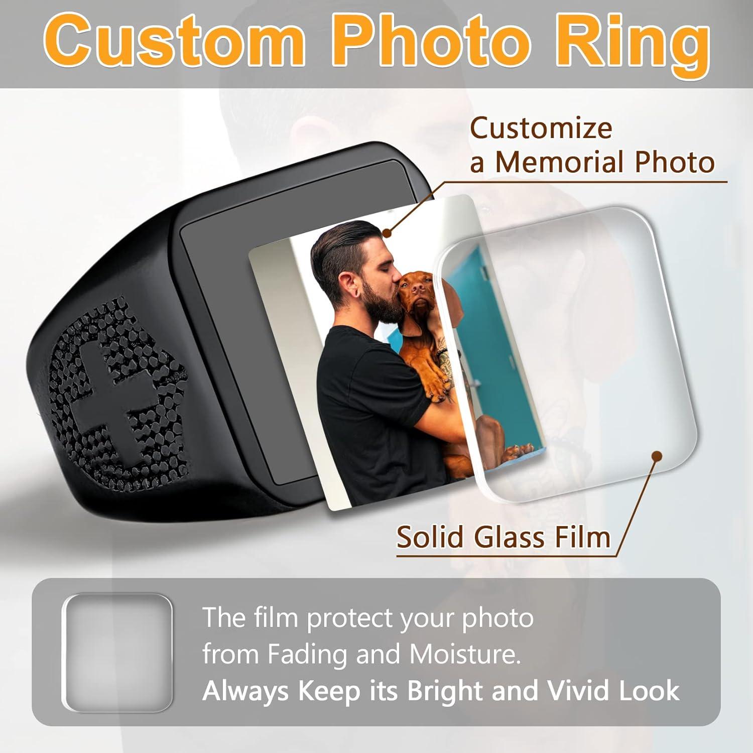 imageU7 Custom Picture amp Text Engraved Ring Stainless Steel 18K Gold Plated Wedding Engagement HeartRoundShieldSquare Signet Rings Personalized Memory Photo Inside Gift for Men WomenA3Square Cross ShieldBlack