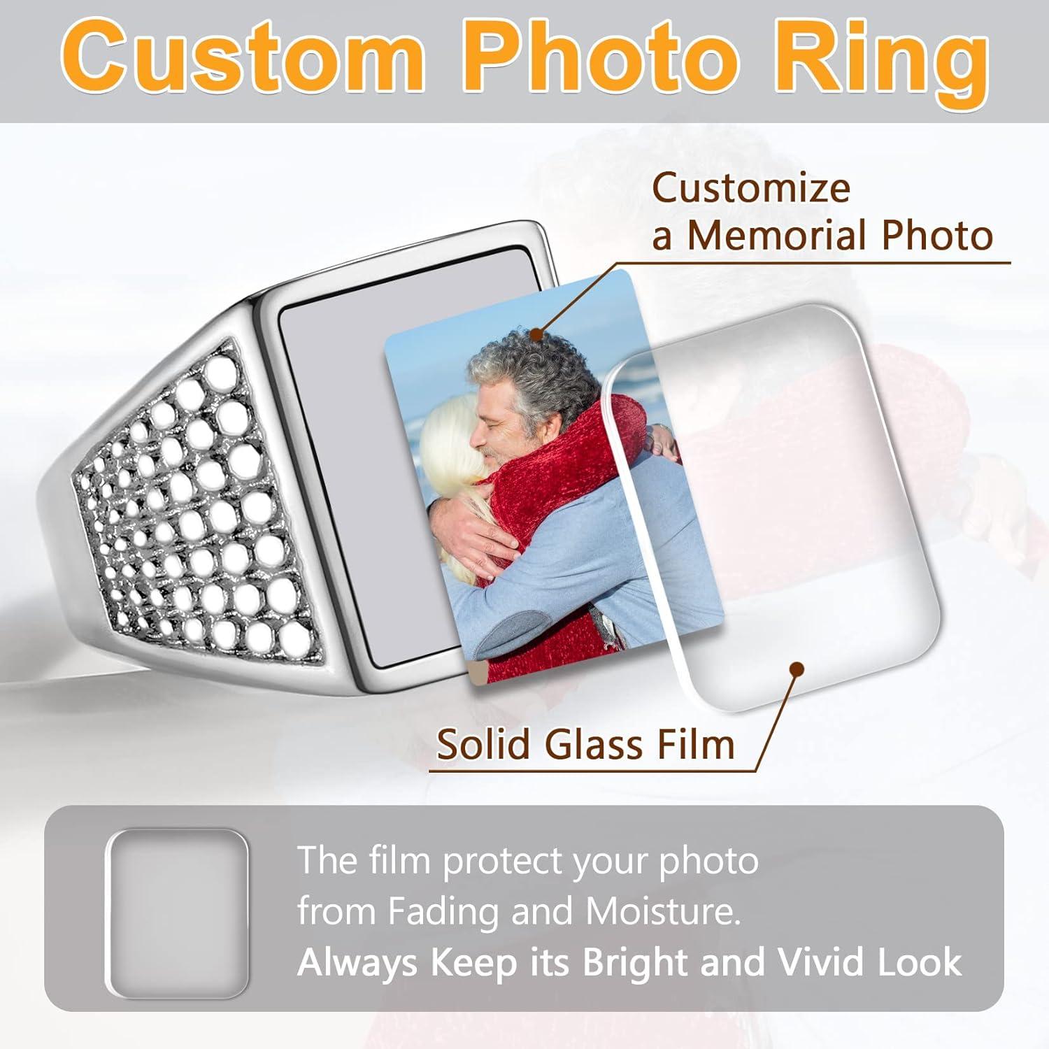 imageU7 Custom Picture amp Text Engraved Ring Stainless Steel 18K Gold Plated Wedding Engagement HeartRoundShieldSquare Signet Rings Personalized Memory Photo Inside Gift for Men WomenA5Square DotStainless Steel