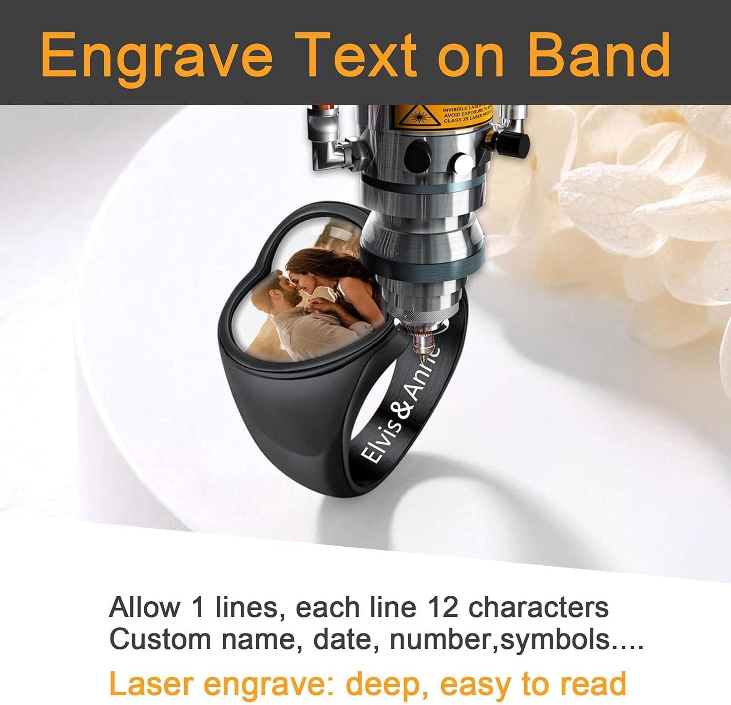imageU7 Custom Picture amp Text Engraved Ring Stainless Steel 18K Gold Plated Wedding Engagement HeartRoundShieldSquare Signet Rings Personalized Memory Photo Inside Gift for Men WomenCHeartBlack