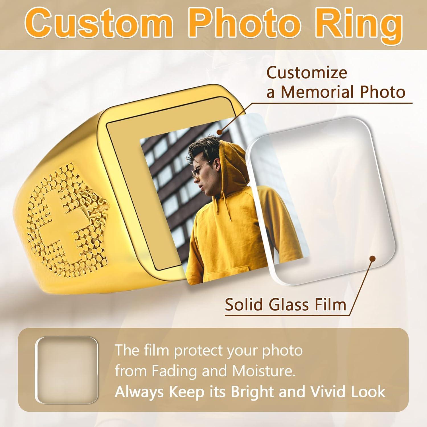 imageU7 Custom Picture amp Text Engraved Ring Stainless Steel 18K Gold Plated Wedding Engagement HeartRoundShieldSquare Signet Rings Personalized Memory Photo Inside Gift for Men WomenA3Square Cross ShieldGold