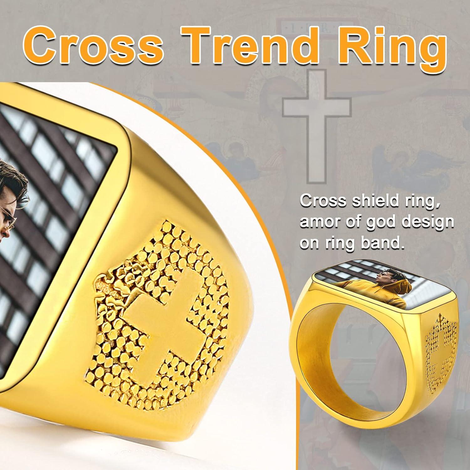 imageU7 Custom Picture amp Text Engraved Ring Stainless Steel 18K Gold Plated Wedding Engagement HeartRoundShieldSquare Signet Rings Personalized Memory Photo Inside Gift for Men WomenA3Square Cross ShieldGold