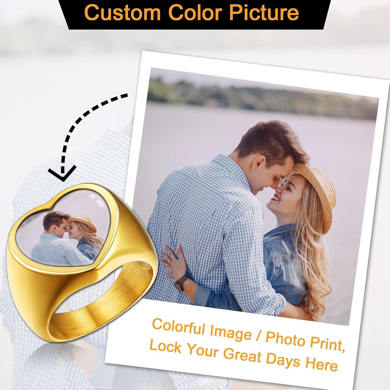 imageU7 Custom Picture amp Text Engraved Ring Stainless Steel 18K Gold Plated Wedding Engagement HeartRoundShieldSquare Signet Rings Personalized Memory Photo Inside Gift for Men WomenCHeartGold