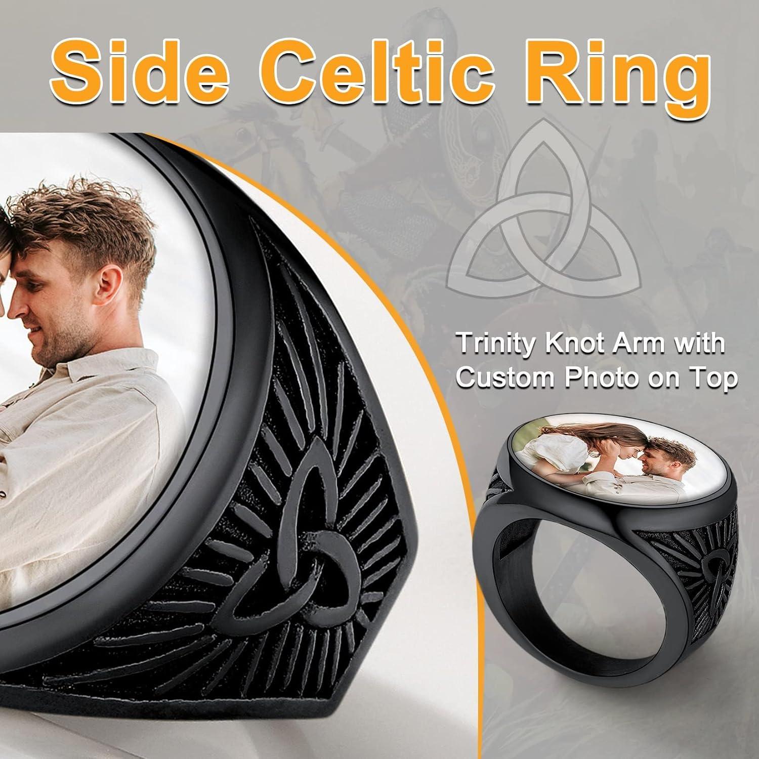 imageU7 Custom Picture amp Text Engraved Ring Stainless Steel 18K Gold Plated Wedding Engagement HeartRoundShieldSquare Signet Rings Personalized Memory Photo Inside Gift for Men WomenB2Round Celtic KnotBlack