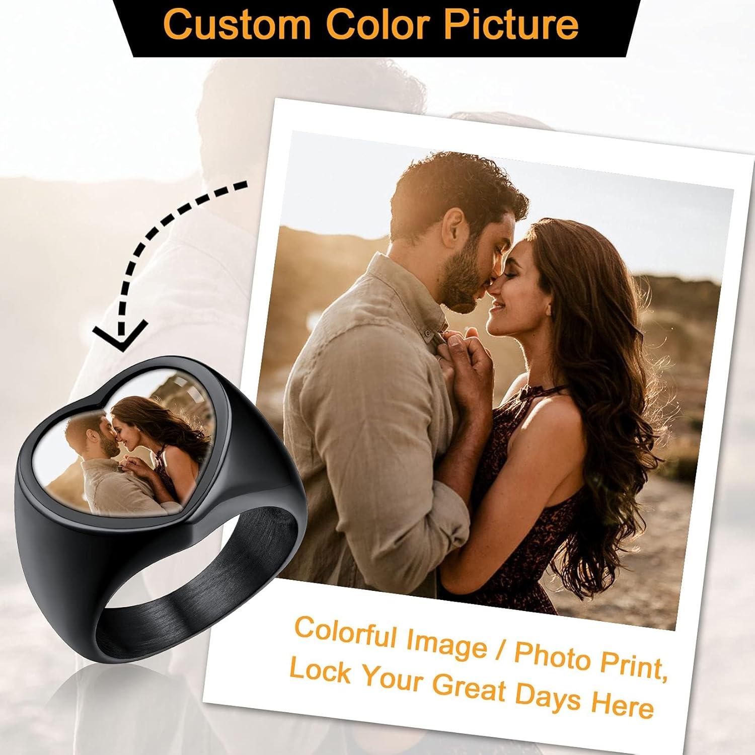 imageU7 Custom Picture amp Text Engraved Ring Stainless Steel 18K Gold Plated Wedding Engagement HeartRoundShieldSquare Signet Rings Personalized Memory Photo Inside Gift for Men WomenCHeartBlack