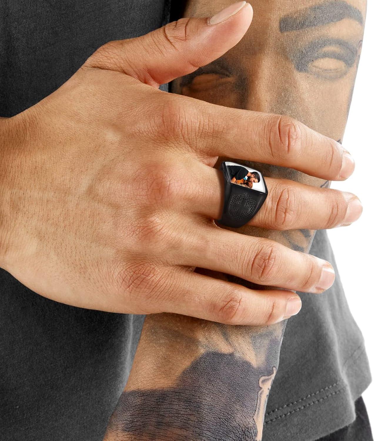 imageU7 Custom Picture amp Text Engraved Ring Stainless Steel 18K Gold Plated Wedding Engagement HeartRoundShieldSquare Signet Rings Personalized Memory Photo Inside Gift for Men WomenA3Square Cross ShieldBlack