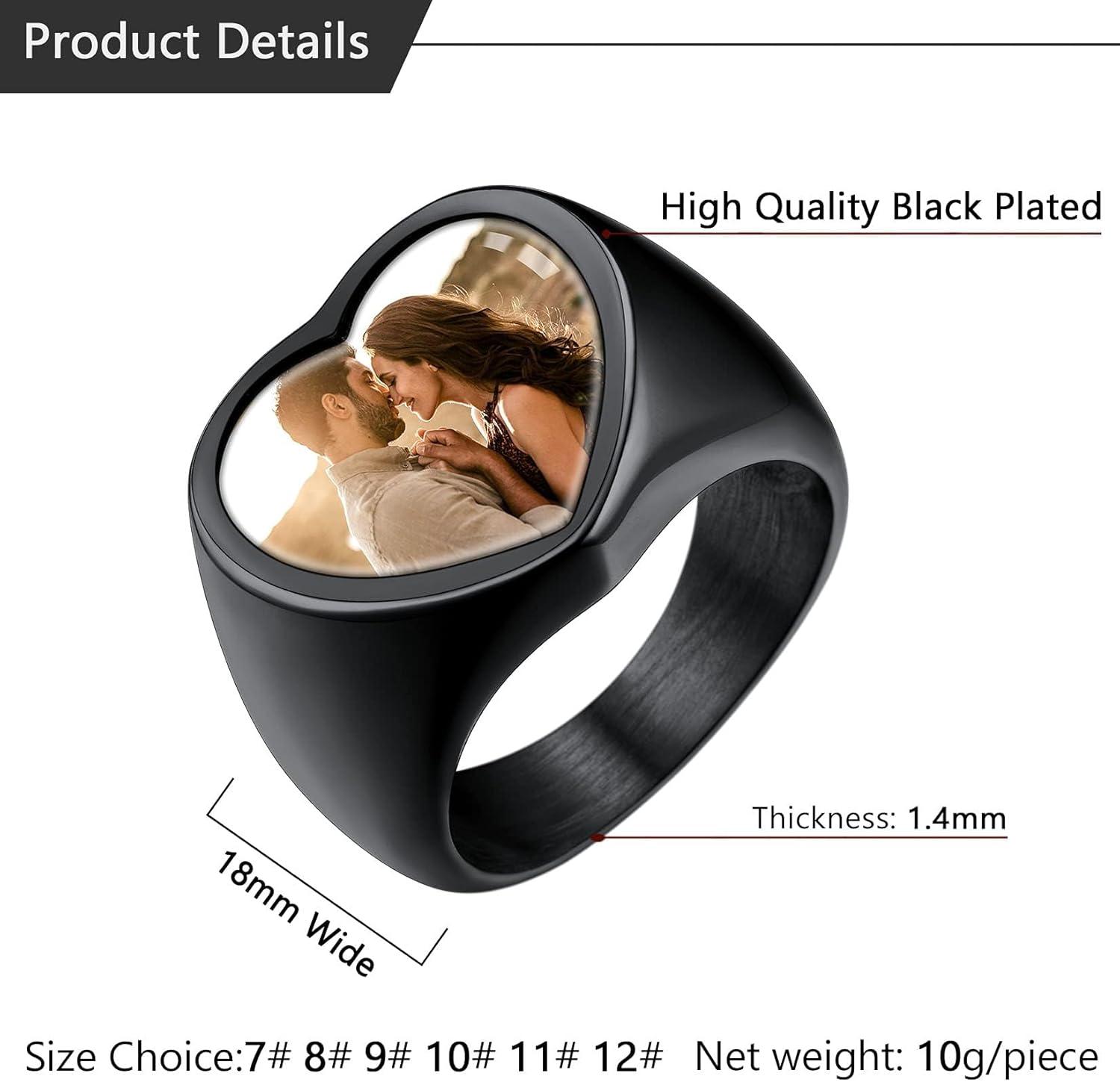 imageU7 Custom Picture amp Text Engraved Ring Stainless Steel 18K Gold Plated Wedding Engagement HeartRoundShieldSquare Signet Rings Personalized Memory Photo Inside Gift for Men WomenCHeartBlack