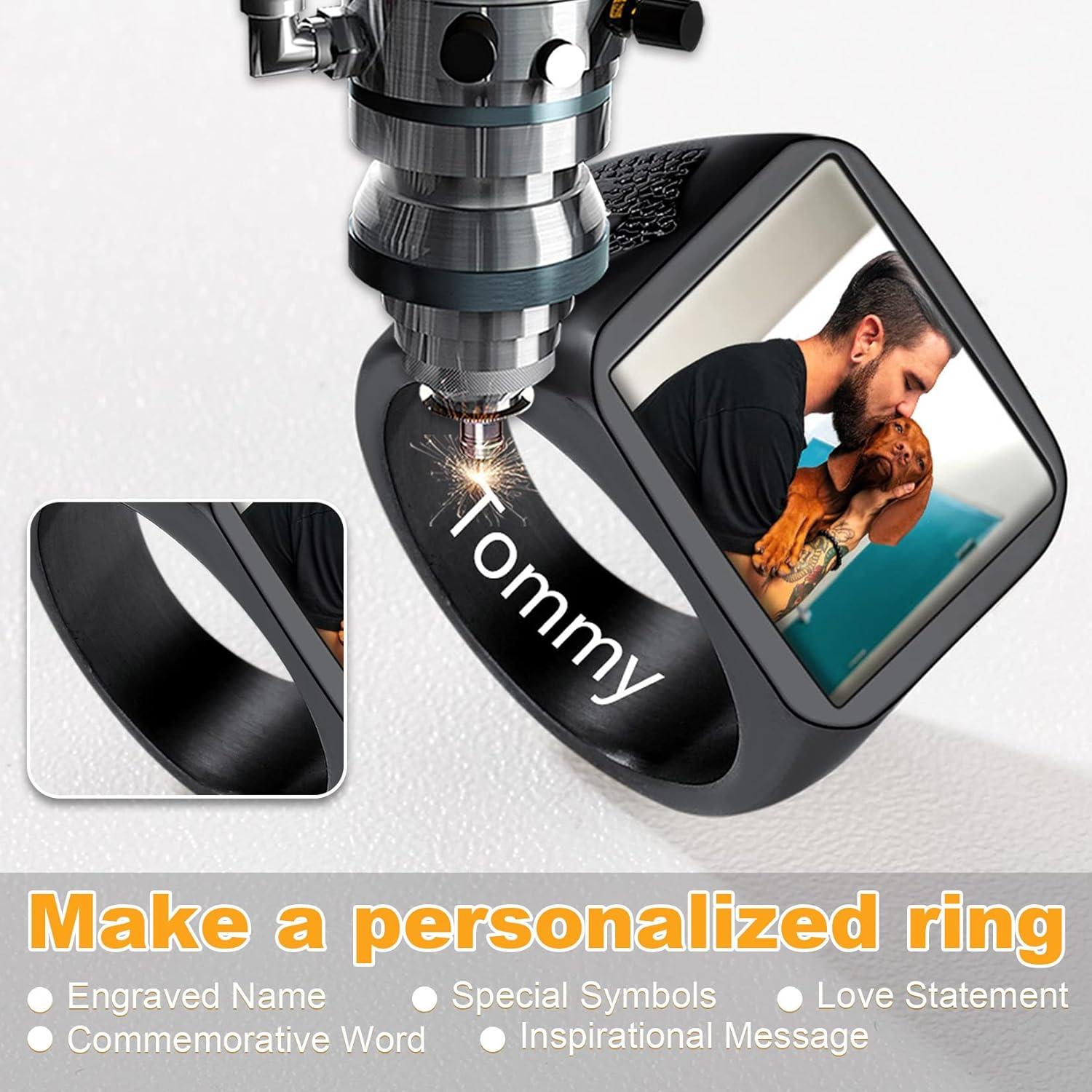 imageU7 Custom Picture amp Text Engraved Ring Stainless Steel 18K Gold Plated Wedding Engagement HeartRoundShieldSquare Signet Rings Personalized Memory Photo Inside Gift for Men WomenA3Square Cross ShieldBlack