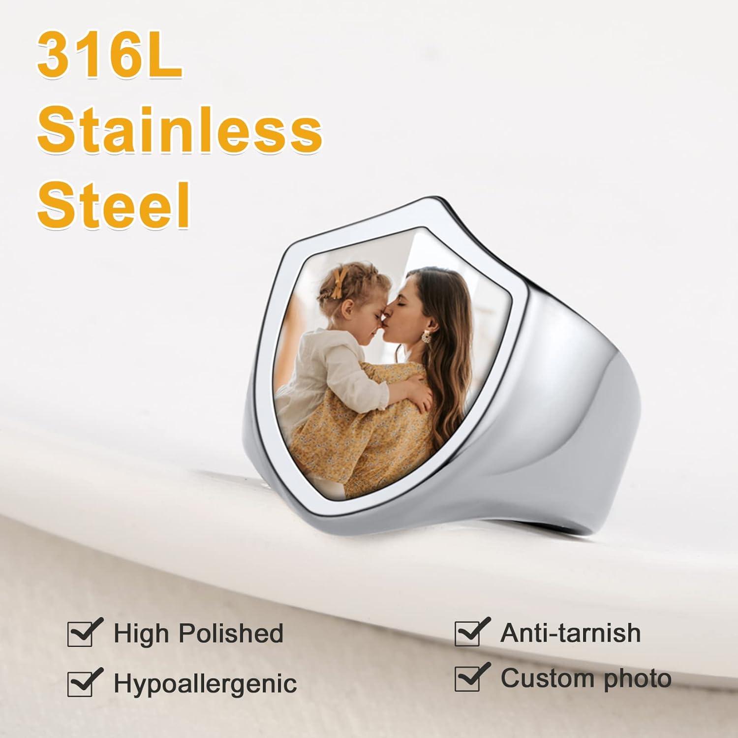 imageU7 Custom Picture amp Text Engraved Ring Stainless Steel 18K Gold Plated Wedding Engagement HeartRoundShieldSquare Signet Rings Personalized Memory Photo Inside Gift for Men WomenDShieldStainless Steel