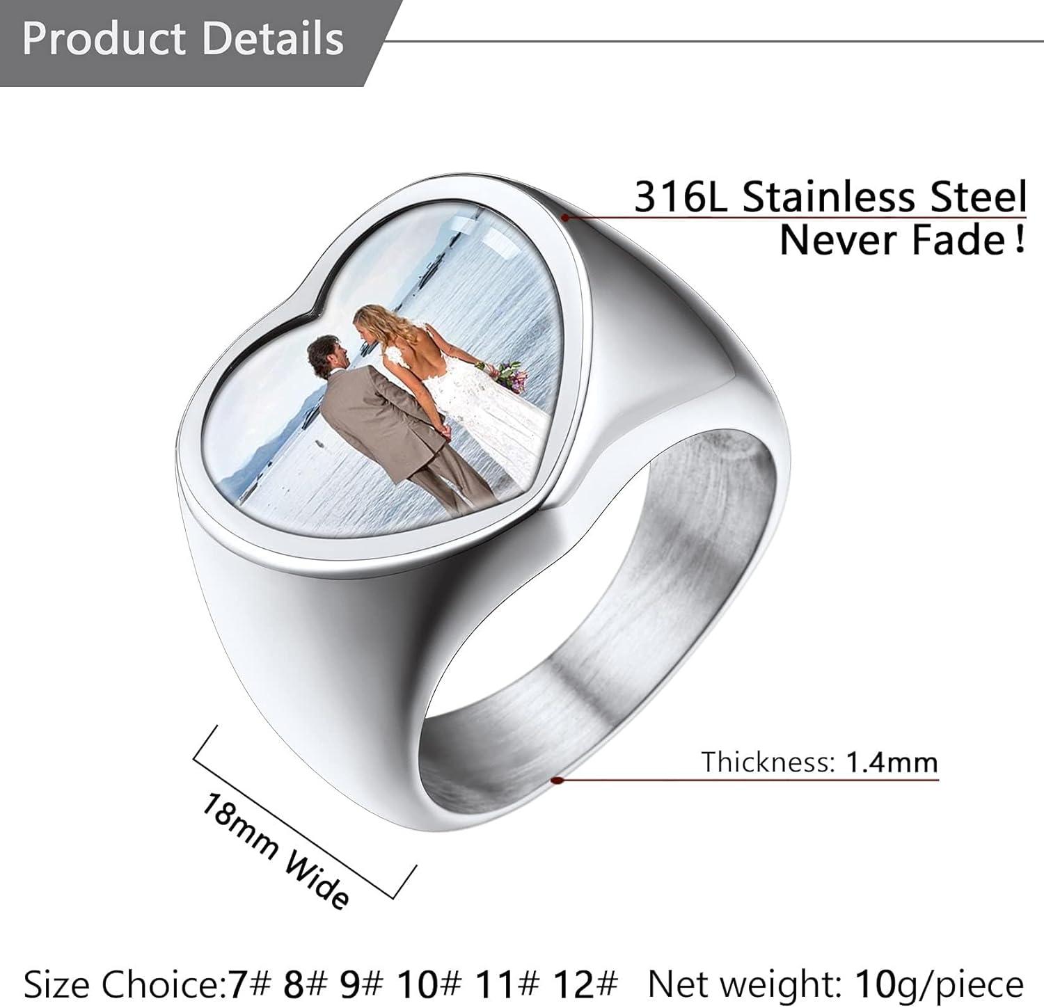 imageU7 Custom Picture amp Text Engraved Ring Stainless Steel 18K Gold Plated Wedding Engagement HeartRoundShieldSquare Signet Rings Personalized Memory Photo Inside Gift for Men WomenCHeartStainless Steel