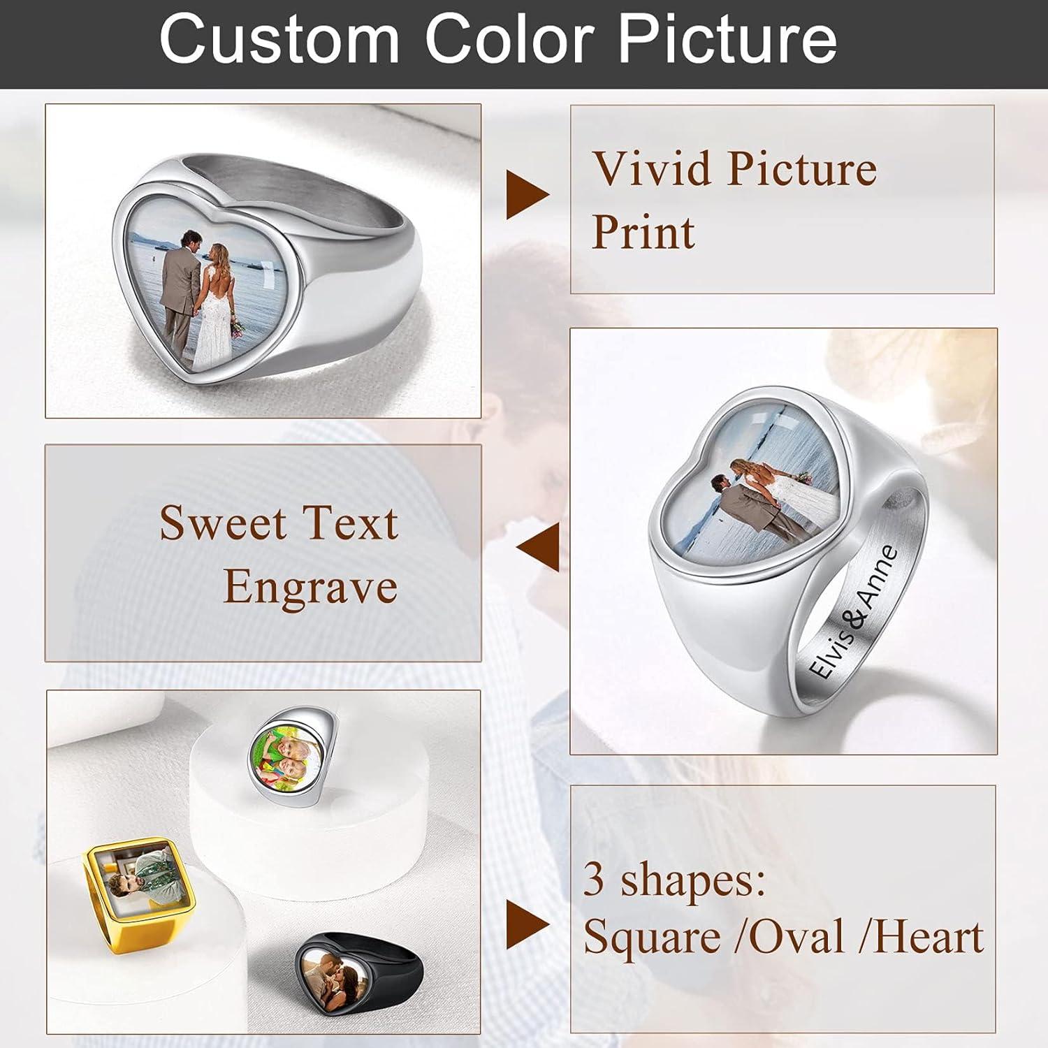 imageU7 Custom Picture amp Text Engraved Ring Stainless Steel 18K Gold Plated Wedding Engagement HeartRoundShieldSquare Signet Rings Personalized Memory Photo Inside Gift for Men WomenCHeartStainless Steel