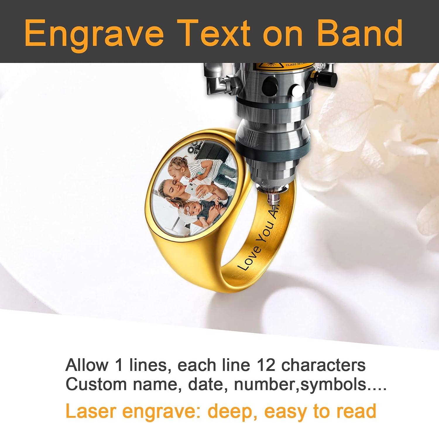 imageU7 Custom Picture amp Text Engraved Ring Stainless Steel 18K Gold Plated Wedding Engagement HeartRoundShieldSquare Signet Rings Personalized Memory Photo Inside Gift for Men WomenB1RoundGold