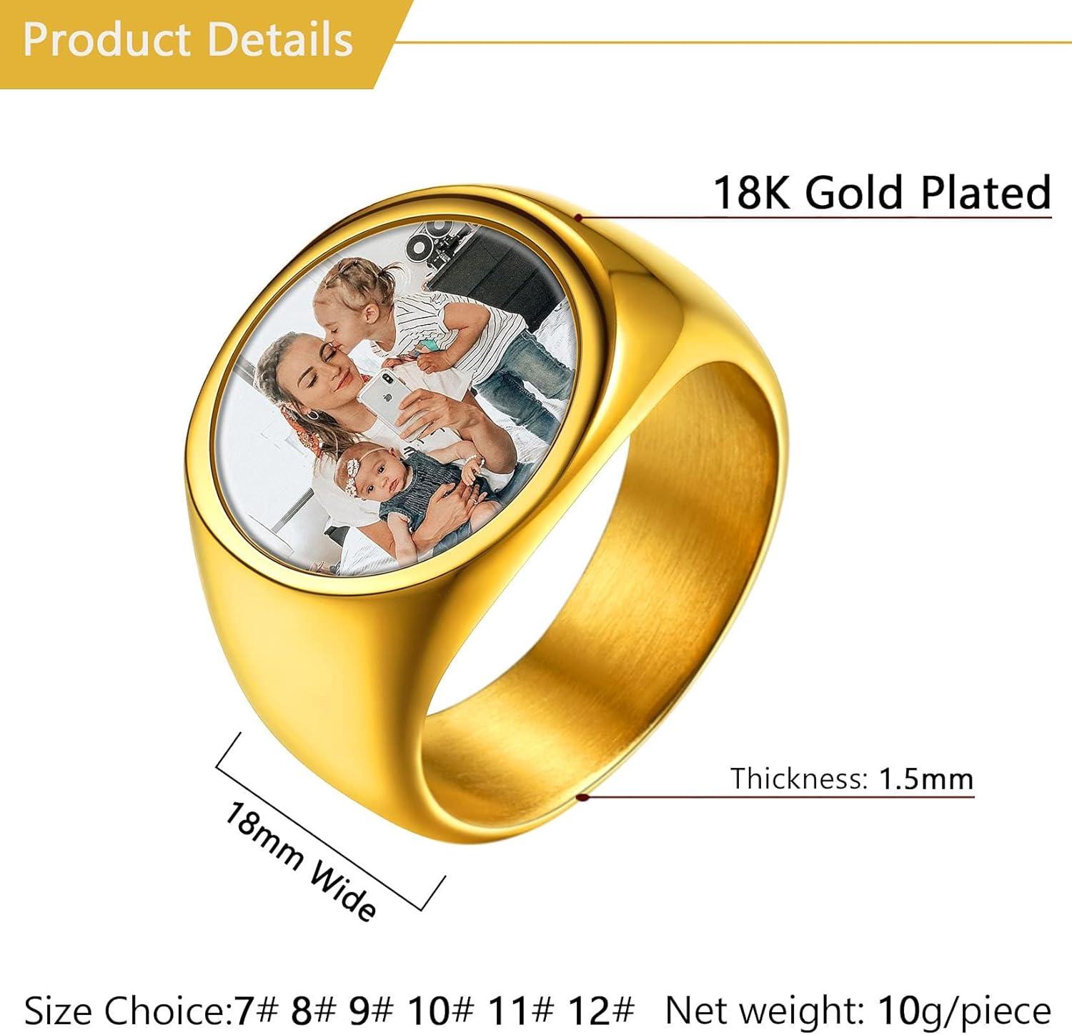 imageU7 Custom Picture amp Text Engraved Ring Stainless Steel 18K Gold Plated Wedding Engagement HeartRoundShieldSquare Signet Rings Personalized Memory Photo Inside Gift for Men WomenB1RoundGold