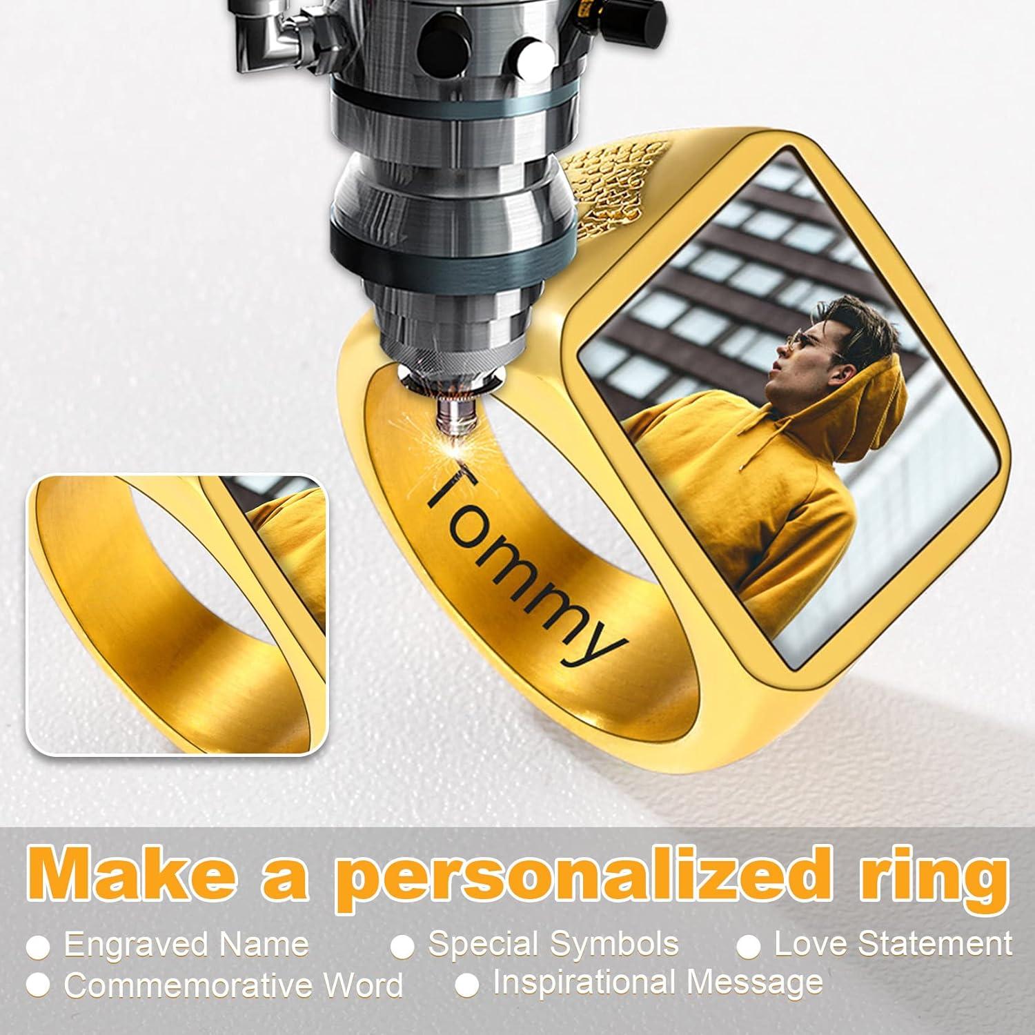 imageU7 Custom Picture amp Text Engraved Ring Stainless Steel 18K Gold Plated Wedding Engagement HeartRoundShieldSquare Signet Rings Personalized Memory Photo Inside Gift for Men WomenA3Square Cross ShieldGold