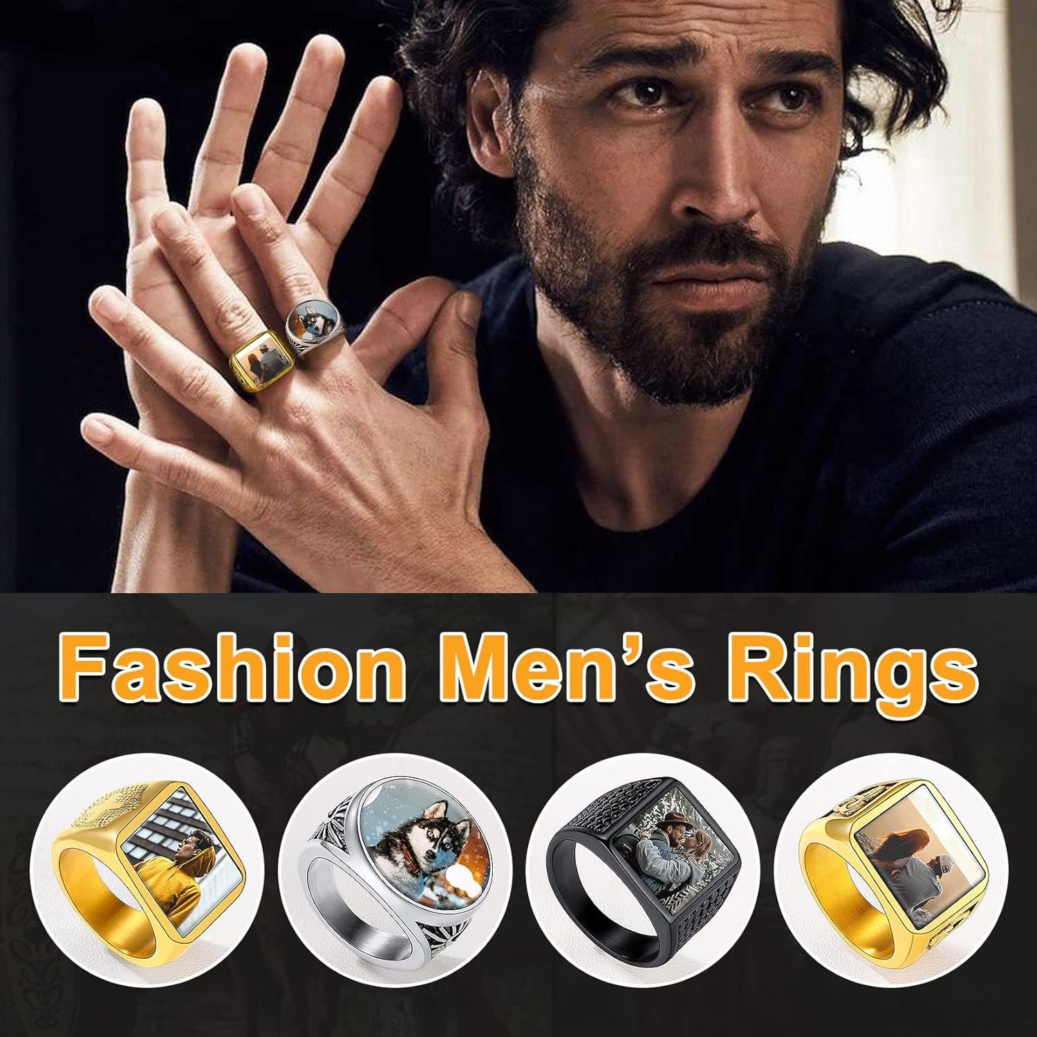 imageU7 Custom Picture amp Text Engraved Ring Stainless Steel 18K Gold Plated Wedding Engagement HeartRoundShieldSquare Signet Rings Personalized Memory Photo Inside Gift for Men WomenA3Square Cross ShieldGold