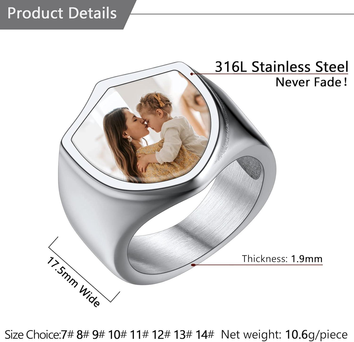 imageU7 Custom Picture amp Text Engraved Ring Stainless Steel 18K Gold Plated Wedding Engagement HeartRoundShieldSquare Signet Rings Personalized Memory Photo Inside Gift for Men WomenDShieldStainless Steel