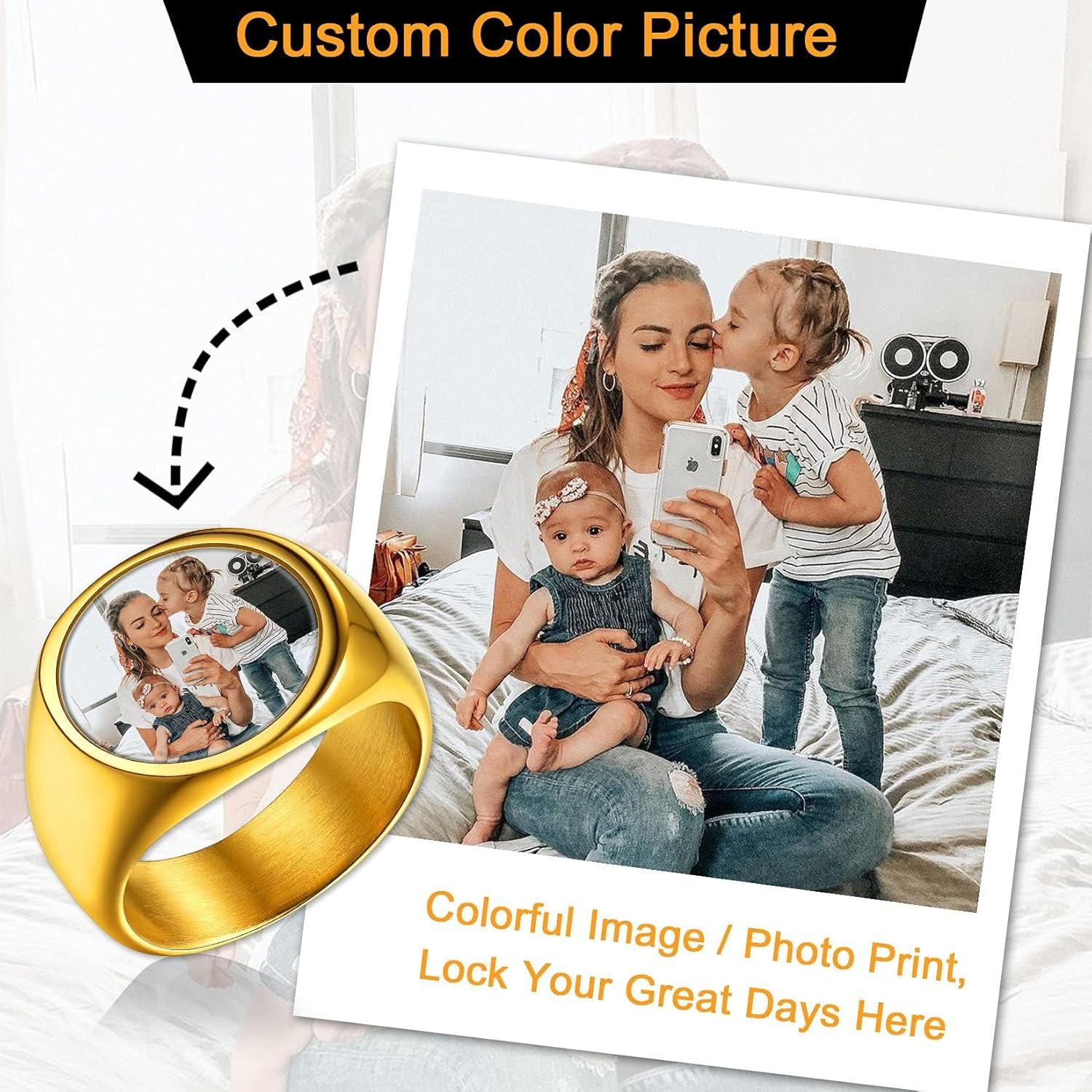 imageU7 Custom Picture amp Text Engraved Ring Stainless Steel 18K Gold Plated Wedding Engagement HeartRoundShieldSquare Signet Rings Personalized Memory Photo Inside Gift for Men WomenB1RoundGold