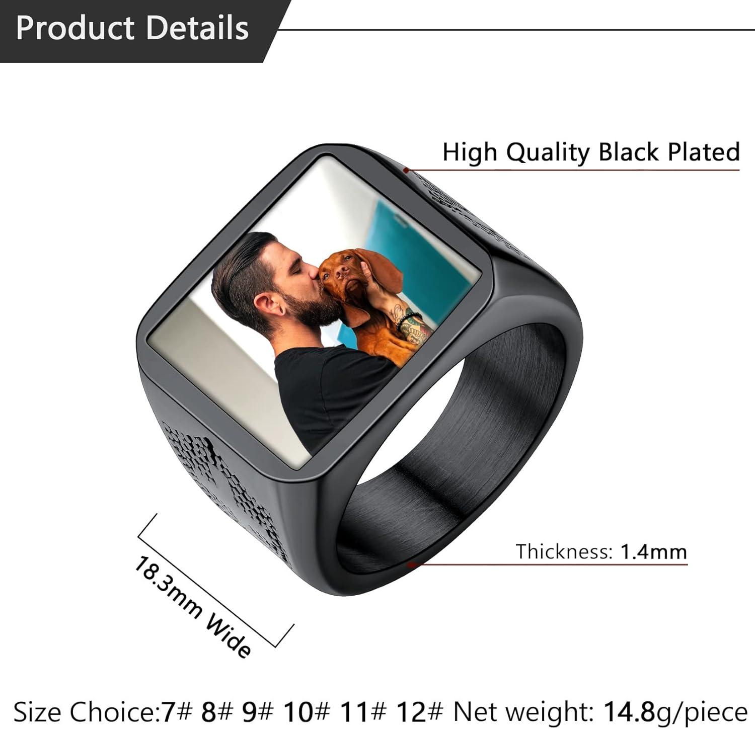 imageU7 Custom Picture amp Text Engraved Ring Stainless Steel 18K Gold Plated Wedding Engagement HeartRoundShieldSquare Signet Rings Personalized Memory Photo Inside Gift for Men WomenA3Square Cross ShieldBlack