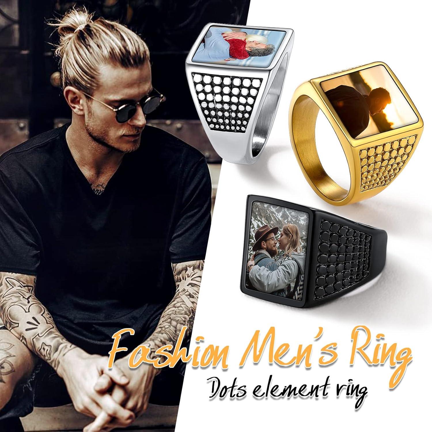 imageU7 Custom Picture amp Text Engraved Ring Stainless Steel 18K Gold Plated Wedding Engagement HeartRoundShieldSquare Signet Rings Personalized Memory Photo Inside Gift for Men WomenA5Square DotStainless Steel