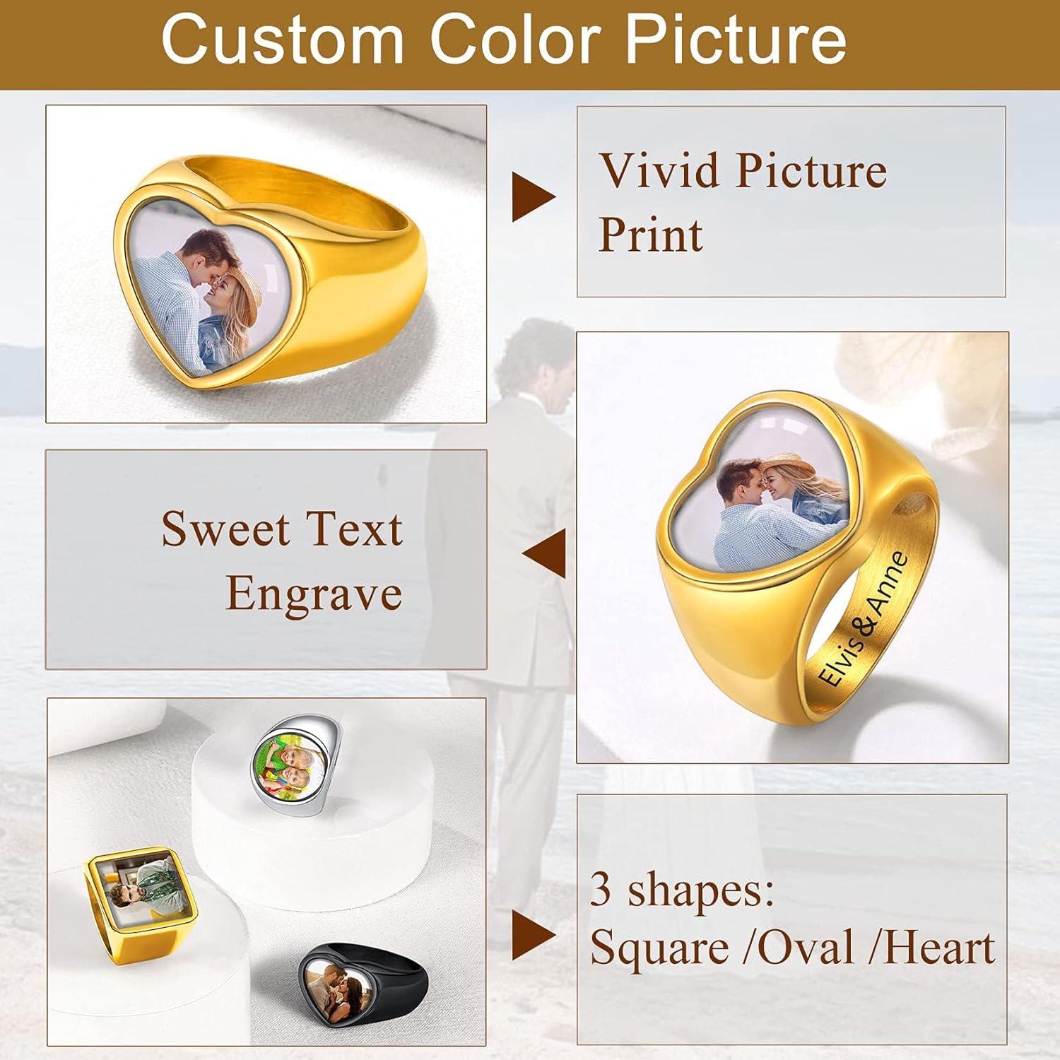 imageU7 Custom Picture amp Text Engraved Ring Stainless Steel 18K Gold Plated Wedding Engagement HeartRoundShieldSquare Signet Rings Personalized Memory Photo Inside Gift for Men WomenCHeartGold