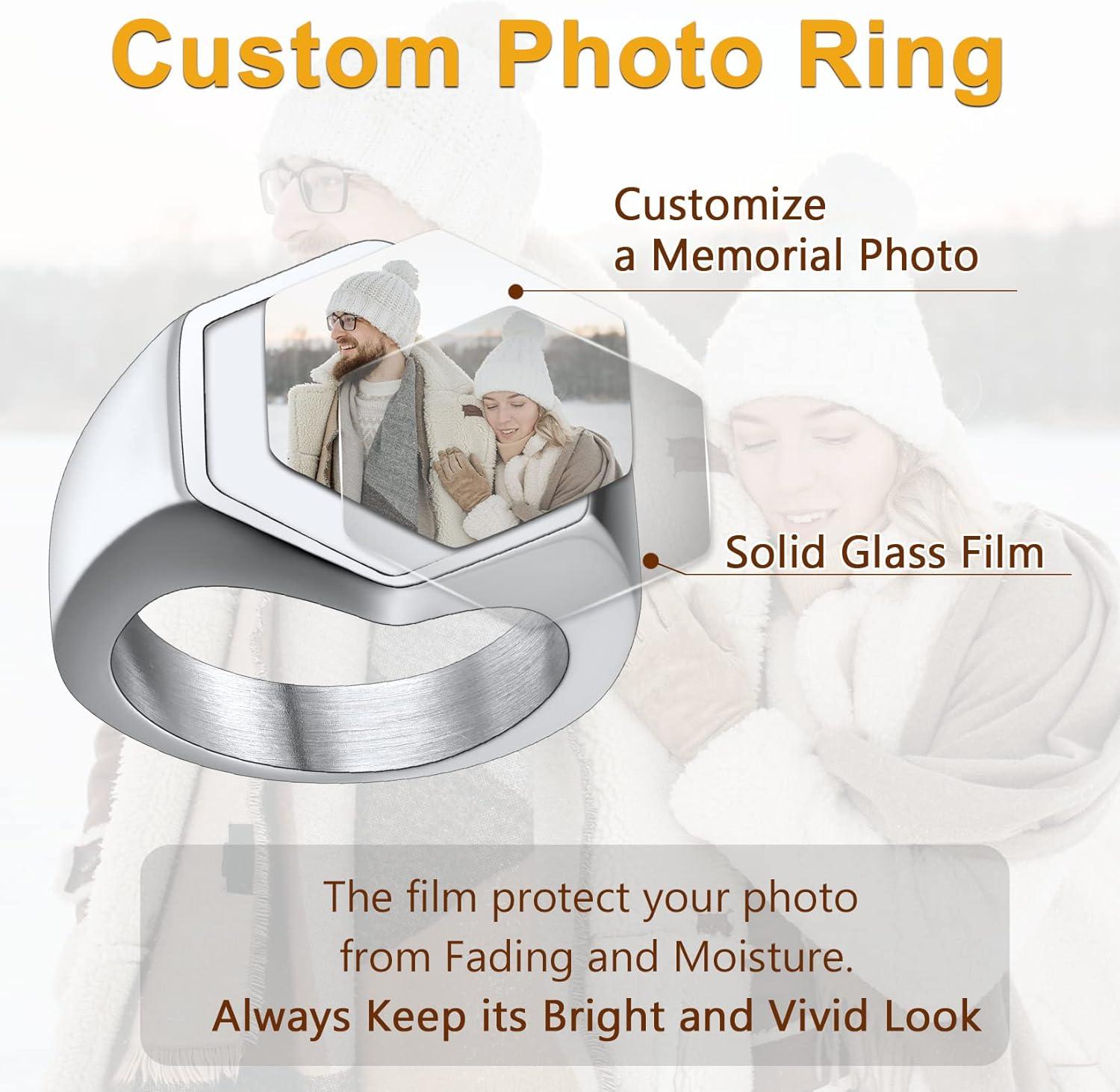 imageU7 Custom Picture amp Text Engraved Ring Stainless Steel 18K Gold Plated Wedding Engagement HeartRoundShieldSquare Signet Rings Personalized Memory Photo Inside Gift for Men WomenEHexagonStainless Steel